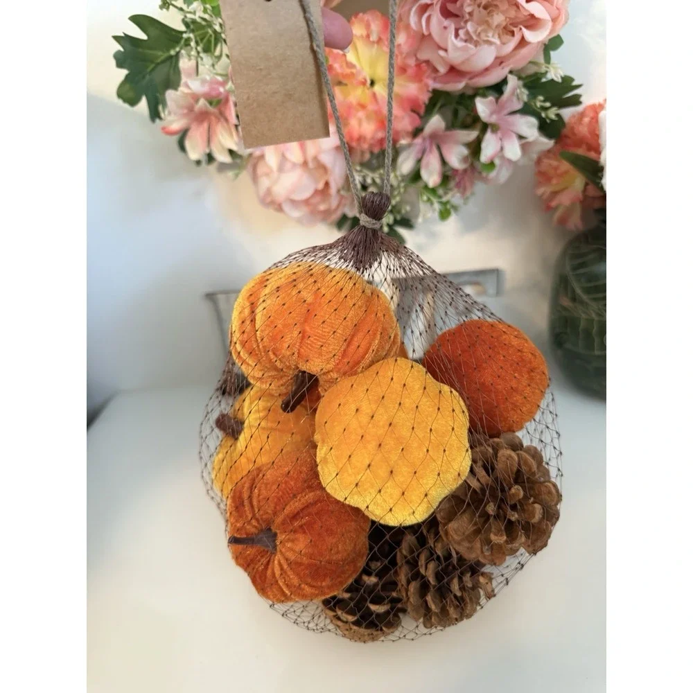 Fall 16 Pcs Velvet Pumpkin and Pinecones Net Bag Decoration Set Assort Sizes New